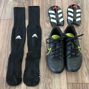 Nike Tiempo Soccer Cleats Size 5 with Adidas soccer socks and shin guards